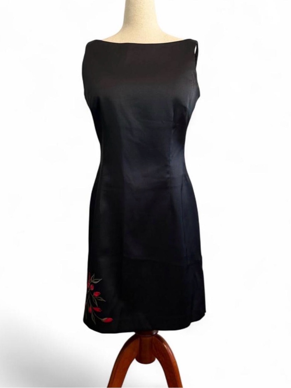 Laundry by Shelli Segal Formal Black Midi Sheath Dress Red Floral Embroidery